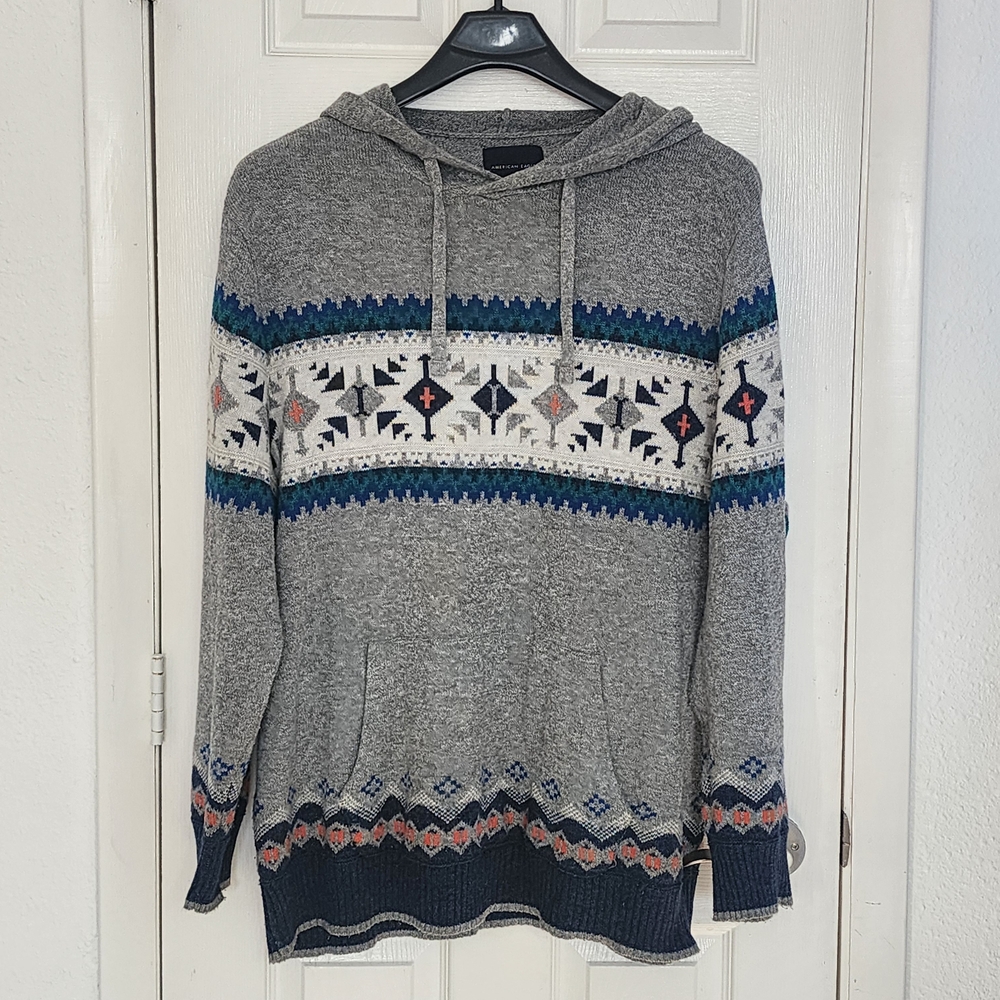 American Eagle Fair Isle Knit Hoodie XXL - Southwestern Aztec Wool Blend